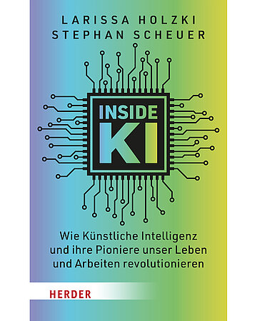 Cover des Buches "Inside KI" mit einem bunten Farbverlau von links nach rechts in Lila &uuml;ber Blau bis Gr&uuml;n und Gelb. In der Mitte steht der Titel auf einer Leiterplatte