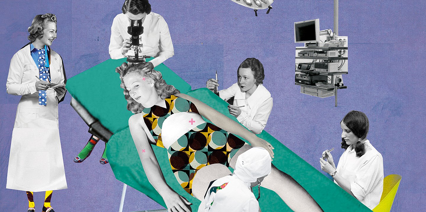 Bunte Illustration einer Frau, die auf einem OP-Tisch liegt mit Klinikpersonal um sie herum