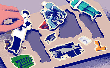 Illustration: Mehrere H&auml;nde ordnen Figuren von medizinischem Personal, Rettungsfahrzeugen und medizinischen Ger&auml;ten auf einer Fl&auml;che an.