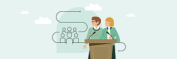Wer sitzt wo – Köpfe der Gesundheitspolitik 2025 Foto: Illustration: zwei Frauen stehen nebeneinander an einem Rednerpult.