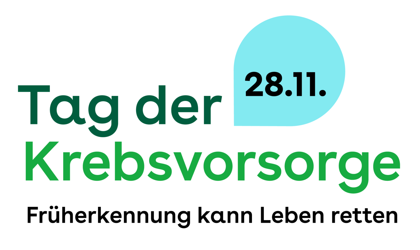 Schriftzug: Tag der Krebsvorsorge – Früherkennung kann leben retten, Datum 28.11. in eine Sprechblase darüber