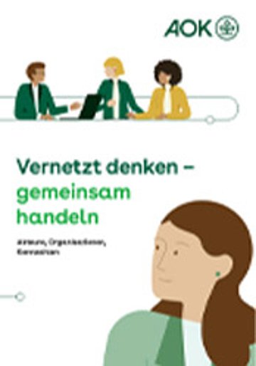 Illustration zeigt oben links drei Personen im Gespräch und unten rechts eine Frau, die auf den Titel der Broschüre blickt.