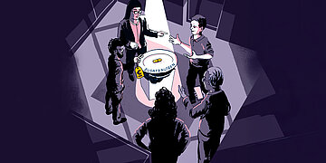 Illustration (farblich gehalten in lila): Aus der Vogelperspektive sind 5 Menschen in einem Raum zu sehen. Sie stehen um einen Sockel herum, auf dem ein Tablett mit der Aufschrift "Zusatznutzen" steht und in dessen Mitte liegt eine goldene Pille. Die Person links im Bild hat ein Preisschild in seiner Hand, auf dem ein Eurozeichen abgebildet ist. Von oben kommt ein Lichtkegel, der die Pille und das Tablett besonders hervorhebt.