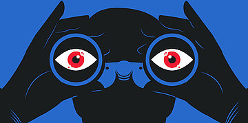 Illustration: Eine schwarze Gestalt schaut den Betrachtenden durch ein Fernglas an. Durch die Gl&auml;ser sind die Augen zu sehen. Sie sind rot.