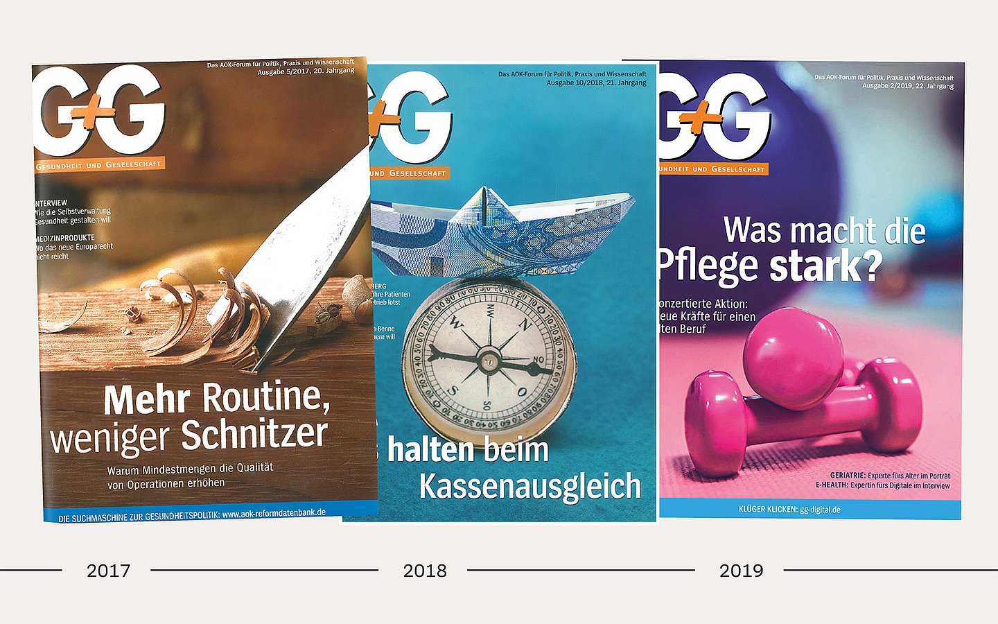 Foto: Titelbilder der G+G aus den Jahren 2017 bis 2019