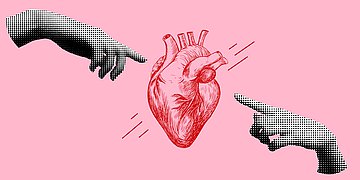 Illustration: Zwei gemusterte Hänge zeigen auf ein Herz. Das Bild erinnert an Michelangelos Bild von Gott und Adam.