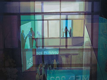 Gesundheitspolitik Illustration eines gläsernen Gebäudes, in dem sich Menschen im Gespräch befinden und durch dessen Haupteingang zahlreiche weitere strömen