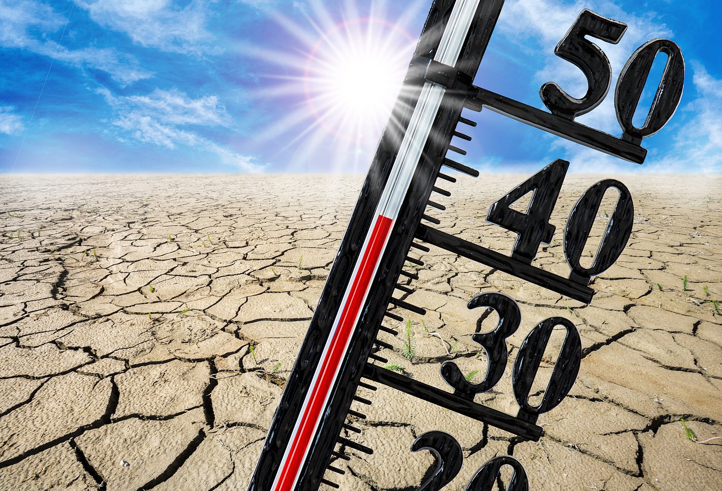 Auf dem Foto ist ein Thermometer und im im Hintergrund blauer Himmel, Sonne und vertrockneter Boden zu sehen.