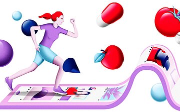 Foto: Illustration einer Frau auf dem Laufband, die &uuml;ber Posts joggt &ndash; dar&uuml;ber Obst und Gem&uuml;se in der Luft.