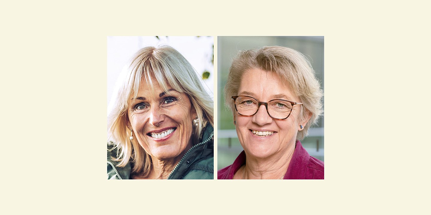 Das Bild zeigt die Porträtfotos zweier lächelnder blonder Frauen. Die Frau links hat schulterlanges Haar. Man sieht ansatzweise den Kragen einer dunkelgrünen Outdoor-Jacke. Die Frau rechts hat kürzeres, leicht gewelltes Haar und trägt eine Brille. Man sieht ansatzweise den Kragen eines weinroten Jeans-Blazers.