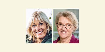 Doppelporträt Bettina Müller und Kordula Schulz-Asche Das Bild zeigt die Porträtfotos zweier lächelnder blonder Frauen. Die Frau links hat schulterlanges Haar. Man sieht ansatzweise den Kragen einer dunkelgrünen Outdoor-Jacke. Die Frau rechts hat kürzeres, leicht gewelltes Haar und trägt eine Brille. Man sieht ansatzweise den Kragen eines weinroten Jeans-Blazers.