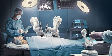 Robotik In einem OP-Saal operieren zwei Roboter-Arme eine Person im Bauchbereich. Daneben steht ein Arzt mit Tablet und überprüft dies. Rechts im Bild steht ein Chirurg an der Konsole. Er bedient darüber den Arm. Über den Armen ist auf einem Bildschirm eine Nahaufnahme der operierten Stelle zu sehen.