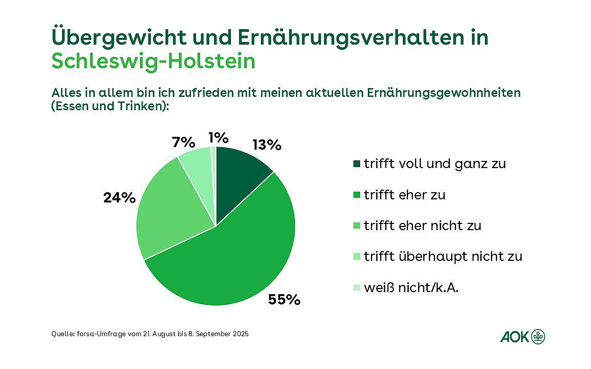 Ein Tortendiagramm zeigt die prozentuale Verteilung, wie zufrieden die Befragten in Schleswig-Holstein mit ihrem aktuellen Ernährungsverhalten sind.