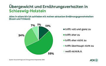 Ein Tortendiagramm zeigt die prozentuale Verteilung, wie zufrieden die Befragten in Schleswig-Holstein mit ihrem aktuellen Ernährungsverhalten sind.