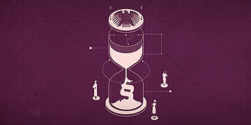 Illustration einer Sanduhr. Oben ist ein Reichsadler-Symbol. Der Sand flie&szlig;t von oben nach unten und bildet im unteren teil ein Paragraphen-Zeichen. Um die Sanduhr stehen drei &Auml;rzt_innen, die sich die Sanduhr skeptisch anschauen.
