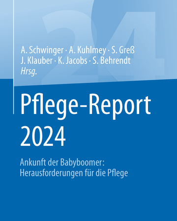 Cover Pflege-Report 2024 Schriftzug: Pflege-Report 2024 (weiß) Ankunft der Babyboomer: Herausforderungen für die Pflege (hellblau) auf mittelblauem Grund