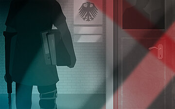 Illustration: Eine Person mit Knieorthese und Gehhilfe steht mit Akten vor einer Beh&ouml;rde.