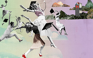 Bunte Illustration von Frauen und Medizinerinnen, die befreit durch die Luft schweben. Im Hintergrund ist ein Hubschrauberlandeplatz zu sehen.