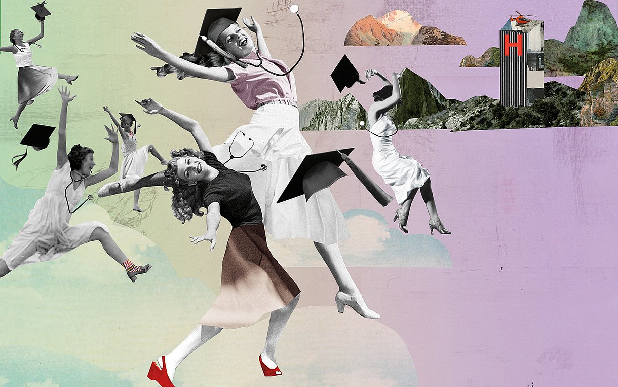 Bunte Illustration von Frauen und Medizinerinnen, die befreit durch die Luft schweben. Im Hintergrund ist ein Hubschrauberlandeplatz zu sehen.
