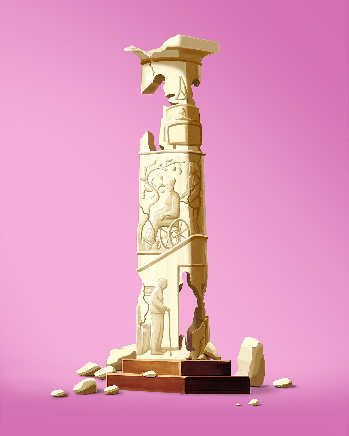 Illustration einer bröckelnden Säule mit medizinischen Darstellungen                                                                  