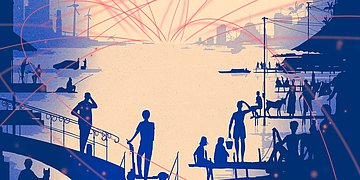 Global Health Illustration von Menschen am Fluss nahe einer Großstadt, die in die Ferne blicken auf rote Striche, die wie ein Feuerwerk am Horizont des Flusses entspringen