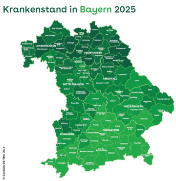 Bayernkarte zeigt den Krankenstand 2025 in den bayerischen Landkreisen und kreisfreien St&auml;dtenn