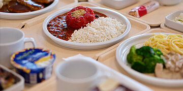 Tablett mit Krankenhausessen: gef&uuml;llte Paprika in Tomatensauce mit Reis sowie Beilagen auf weiteren Tellern.