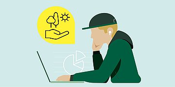 Die Umweltsorgen der jungen Generation Ein junger Mensch mit Kapuzenshirt und Kopfhörern blickt auf seinen Laptop. Er hat eine Schirmmütze auf.