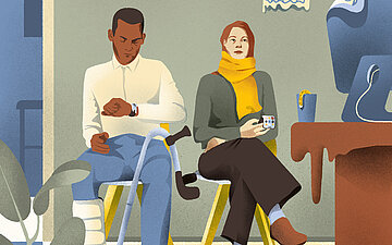Illustration: In einem Wartezimmer sitzen eine Frau und ein Mann auf St&uuml;hlen. Der Mann hat ein Gipsbein und vor ihm steht eine Kr&uuml;cke. Er schaut auf die Uhr. Die Frau blickt gerade aus, h&auml;lt aber ihr Telefon in der Hand. An der Wand hinter ihnen sind eine Uhr und ein Kalender. Auf dem Wartezimmer-Tresen steht ein Computer. Alle Items (Uhr, Kalender, Kr&uuml;cke, Handy, Computer) sehen aus als w&uuml;rden sie schmelzen und zerlaufen leicht nach unten. Dies soll die lange Wartezeit darstellen.