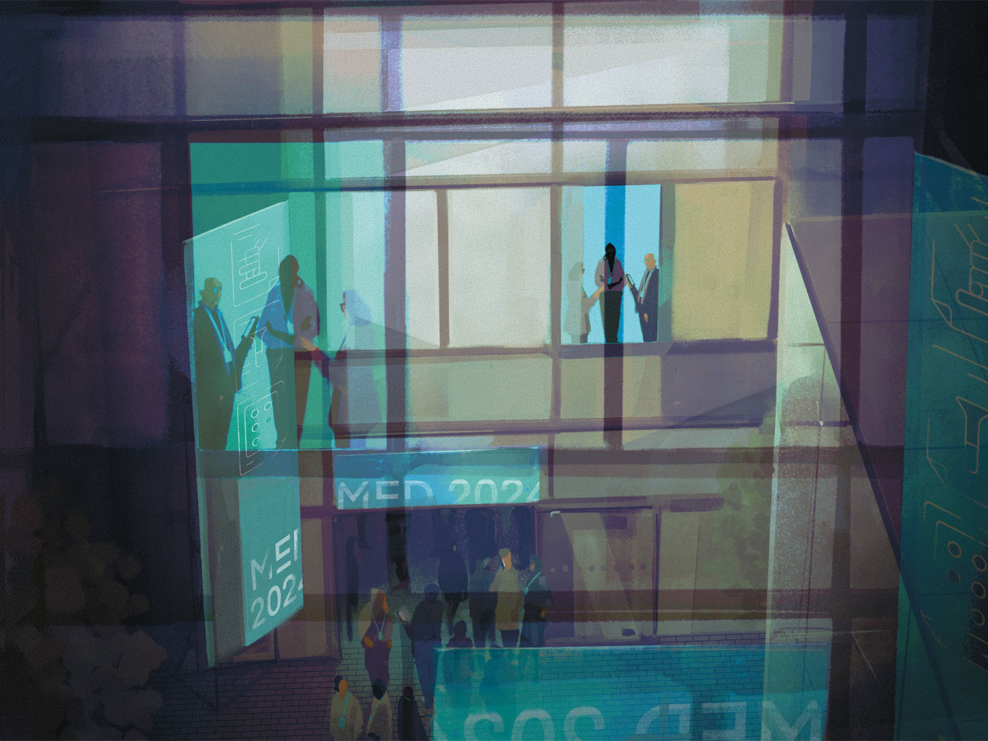 Illustration eines gläsernen Gebäudes, in dem sich Menschen im Gespräch befinden und durch dessen Haupteingang zahlreiche weitere strömen