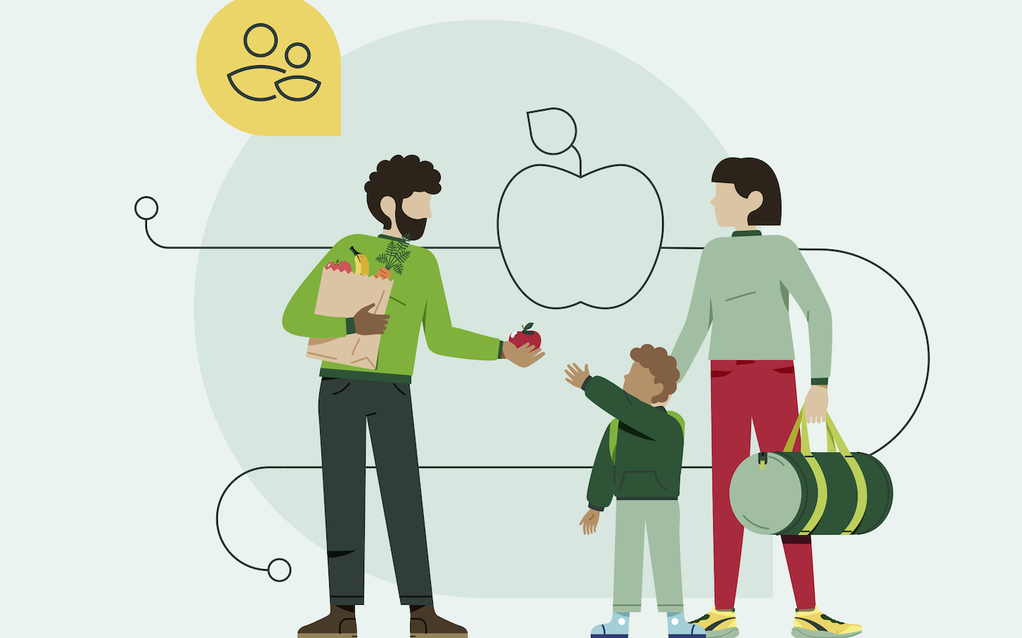 Grafik: Dreiköpfige Familie – Kind mit Rucksack zwischen bärtigem Vater (links) mit Einkaufstasche aus Papierr und Mutter mit Bubikopf-Frisur und Reisetasche (rechts)